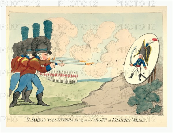 St. James's volunteers firing at a target at Kilburn Wells, engraving 1803, British soldiers shooting at a target with Napoleon's picture on it; he wears an oversized hat and carries a large sword.