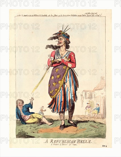 A republican belle, a picture of Paris for 1794, Cruikshank, Isaac, 1756?-1811?, artist, engraving 1794, an old woman, a sansculotte, in ragged dress, her arms folded across her chest, holding a pistol in one hand, which she fires at a man lying on the ground, and a dagger in the other. There is a skull and crossbones design on her garment, she wears a miniature guillotine hanging from her neck, and claws are showing through her shoes. At a tavern in the background, men are smoking pipes and bowling with skulls beneath a sign showing the severed and bleeding head of Louis XVI and from which a naked body hangs.