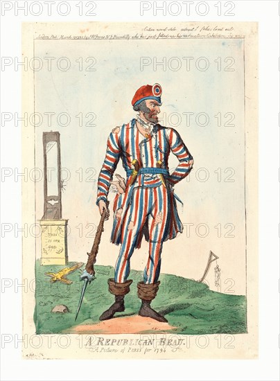 A republican beau, a picture of Paris for 1794, Cruikshank, Isaac, 1756?-1811?, artist, engraving, 1794, a man, a sansculotte, in ragged red, white, and blue stripe clothing, he holds a spiked club in one hand, wears pistols in his belt on which is written War Eternal War  and he has a dead infant stuffed into a pocket. In the near background is a guillotine replacing the crucifix, which lies on the ground, on an altar labeled This is our God and in the distance several bodies hang from a gibbet.
