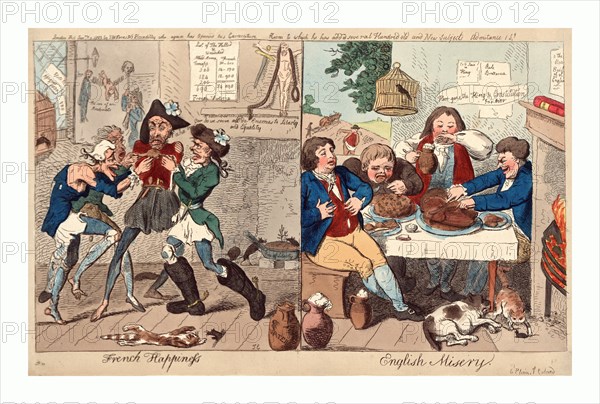 French happiness English misery, Cruikshank, Isaac, 1756?-1811?, engraving 1793, on the left, four ragged and starving sansculottes fighting over a frog, a cat has dropped dead at their feet, and scenes of death in the background; on the right, a scene in an English tavern with a table laden with food and four men overeating, a fat dog lies on the floor, and a cat has caught a mouse.