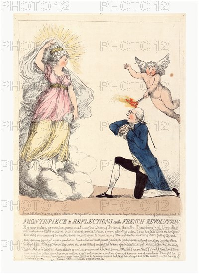Frontispiece to Reflections on the French revolution, engraving 1790, Edmund Burke on bended knee as though proposing to a vision which appears before him of Marie Antoinette, while a cherub touches his head with a firebrand emitting the sparks of romance.