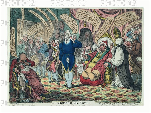 Visiting the sick, Gillray, James, 1756-1815, engraving 1806, Charles Fox sitting in an armchair, obviously ill. On one side of him is Mrs. Fitzherbert, dressed as an abbess and holding a rosary; on the other side is a bishop in robes and mitre. In front of Fox, the Prince of Wales holds his handkerchief to his face. Sheridan, standing behind the bishop, admonishes the bishop to understand that Catholic emancipation is not possible. Howick, Petty, Windham and Moira are all distressed; Grenville and Sidmouth are leaving the room hoping Fox will expire. Mrs. Fox faints in a chair and is attended by Lord Derby.