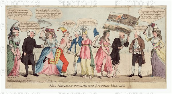 Don Dismallo running the literary gantlet, engraving  1790, Edmund Burke in fools dress receiving lashes on his bare back as he runs a gauntlet of his peers which also includes Justice holding a sword, and Liberty, with staff topped with a liberty cap, who has turned her back on Burke and stands with J.F.X. Whyte, an old prisoner from the Bastille who carries a flag with scenes of the French revolution.
