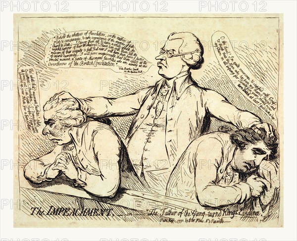 The impeachment, or The father of the gang turned Kings evidence, Gillray, James, 1756-1815, artist, engraving 1791, Edmund Burke standing behind and with his hands on the heads of Richard B. Sheridan and Charles James Fox who bow before him over a railing, perhaps before Parliament. Burke says, Behold the abettors of Revolutions, see the authors of Plots & conspiracies, & take cognizance of the enemies of both Church & State ... who are aiming at the Overthrow of the British Constitution.