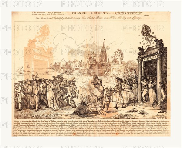 French liberty, Nixon, John, -1818, artist, [1793 July], on the right Liberty is torn from her Temple by a hired band of Ruffians bound & going to be Sacrificed to the rage of these Ignorant People; ... and on the left, artists and artisans, a mother with two children, and others are driven away by booted thugs with clubs, at center a spinning wheel burns, a boy adds a book Fine Arts to the fire, and an old man breaks in half the staff of Liberty. Additional scenes of merriment and chaos take place in the background.