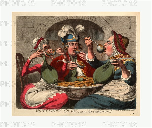 Monstrous craws, at a new coalition feast, Cartoon shows King George, dressed as an old woman, the Queen, and the Prince of Wales seated around a basin perched on the laps of the King and Queen; they eagerly spoon the contents, representing gold coins, into their mouths. Pouches hanging from their necks like goitres are full, except for that of the Prince of Wales, whose is empty. The gate to the treasury, in the background, is open.