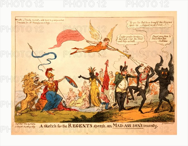 A sketch for the regents speech on Mad-ass-son's insanity, Cruikshank, George, 1792-1878, engraving 1812, Gabriel blowing a message A bad news for you at James Madison, who is standing between Napoleon and the devil, as two women symbolizing Great Britain and America, and British soldiers look on.