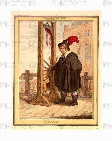Le Boureau, Gillray, James, 1756-1815, engraving 1798, George Tierney dressed as an executioner standing next to a guillotine with a crowd of liberty-capped citizens in the background.