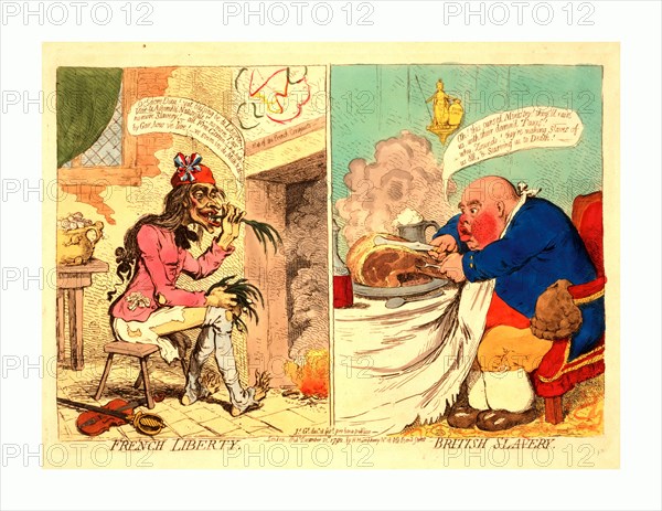 French liberty  British slavery, Gillray, James, 1756-1815, engraving 1792, A design in two compartments. On the left is a lean and ragged sansculotte, seated on a stool before an open hearth ravenously eating raw onions, while he warms his bare toes at the fire. He is rejoicing. On the right is an immensely fat Englishman dining well, who is complaining about taxation and starvation.