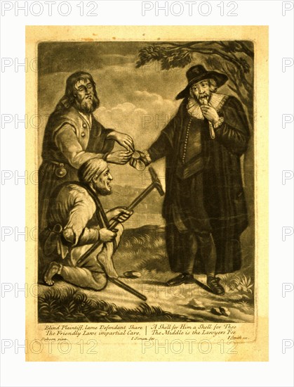 Blind plaintiff, lame defendant share, Simon, John, 1675-approximately 1755., [between 1700 and 1740], Two handicapped persons each receiving half of an oyster shell from a lawyer while he consumes the oyster.