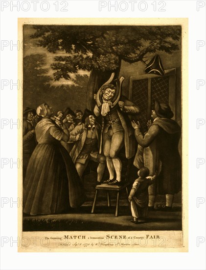 The grinning match, a humourous scene at a country fair, engraving 1775, mezzotint., A man stands on a chair beneath a large, spreading tree on which a tri-corn hat hangs from a limb, his grinning face framed by a horse-collar, a woman and a man look on in the foreground, the man applauds, while a crowd of countrymen on the left, in the rear, encourage him with laughter and applause; with building on the right, in the background.