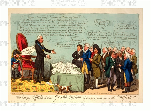 The happy effects of that grand systom [sic] of shutting ports against the English!!, Cruikshank., engraving 1808, President Jefferson addressing a group of disgruntled men, as he defends the policy of his Embargo which, combined with the Non-Intercourse Act, was intended to bring about a suspension of foreign commerce.