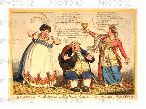 Bravuras Rival syrens or John-Bulls rehearsal of Capt. Macheath, engraving 1807, John Bull seated, with opera hat under his arm, is beset by the rival singers, Mrs. Billington and Catalani, who sing lines adapted from the Beggar's Opera.