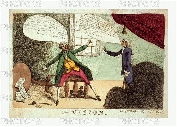 The vision, engraving 1785, a young man, possibly William Pitt, the younger, being visited by a ghost from the grave, possibly the elder William Pitt, who has come to warn thee against thy impending fate. Beware of Prerogative, beware the wily Scot, D -S, beware the haughty T W, possibly Baron Edward Thurlow, and to sully not the name of PITT.