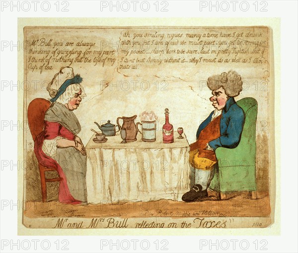 Mr. and Mrs. Bull reflecting on the taxes, a domestic scene with a man and a woman sitting at opposite ends of a table which is set for tea, ale, and port consumption; Mrs. Bull is complaining about Mr. Bull's tendency toward guzzling, to which Mr. Bull replies, ... but if I cant beat Bonny without it - why I must do as well as I can.