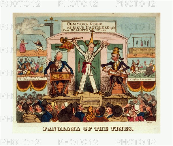 Panorama of the times, [1821?], a man, the celebrated juggler, standing on a stage greeting the audience, sitting at his sides are two hurdy-gurdy players, one on a box labeled Money Box and the other on a box labeled Quack Medicine. The stage projects from the back or side of a carriage with two panels that open to the right and left, each with two scenes, on the left, shooting dint at yo inocent (King George IV spraying Caroline) and a bit of fun or a scene at Manchester!!! (cavalry using swords to cut their way through a mob), on the right, bank restrictions (four people hanging from a gallows) and Kinglike amusement (the King(?) and bishop drinking). Includes lengthy verse which alludes to the trial of Caroline.