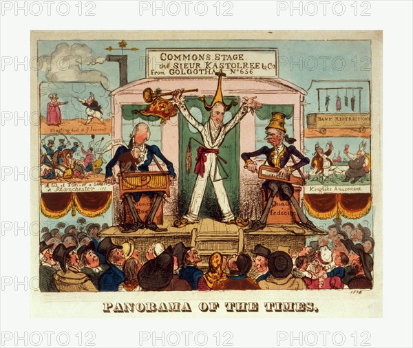 Panorama of the times, [1821?], a man, the celebrated juggler, standing on a stage greeting the audience, sitting at his sides are two hurdy-gurdy players, one on a box labeled Money Box and the other on a box labeled Quack Medicine. The stage projects from the back or side of a carriage with two panels that open to the right and left, each with two scenes, on the left, shooting dint at yo inocent (King George IV spraying Caroline) and a bit of fun or a scene at Manchester!!! (cavalry using swords to cut their way through a mob), on the right, bank restrictions (four people hanging from a gallows) and Kinglike amusement (the King(?) and bishop drinking). Includes lengthy verse which alludes to the trial of Caroline.