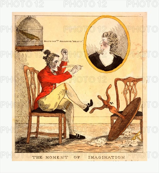 The moment of imagination, engraving 1785, Edward Topham, a pen in his hand, has just kicked over his circular writing table in frenzied inspiration. He raises his clenched fist. An inkstand and fragments of paper inscribed Epilogue Mrs. W... [Wells] Hay-Market, Epilogue Mrs. S...s [Siddons] Drury-Lane, and Prologue for Miss F... [Farren] Covent Garden lie on the floor. On the wall hangs an oval bust portrait of Mrs. Siddons. Over Topham's head is a small parrot in a cage, saying, Bravo Cptn. Prologue! Bravo!