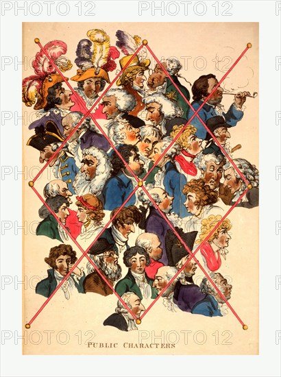 Public characters, Rowlandson, Thomas, 1756-1827, engraving 1801, Heads of well-known people, arranged in a medley, placed behind lines intersecting diagonally which simulate crossed tapes forming a rack for cards or letters. In the center are Fox and Pitt facing each other. Between them, Tierney looks out with a sly expression. Among others are Richard Sheridan, Burdett, George Grenville, Sarah Siddons, George Hanger, John Kemble, Lady Archer, Queensberry, Lord Hood, Van Butchell, Derby, Lord Moira, etc.