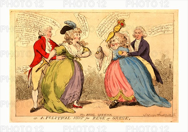 The rival queens or a political heat for Rege & Grege, engraving 1789, An encounter between two stout ladies, Mrs. Fitzherbert and Mrs. Schwellenberg, each with a second: the Prince of Wales, his hands on his lady's waist, and Pitt holding out a lemon to the furious German woman, who raises a massive sceptre in both hands to strike her opponent.