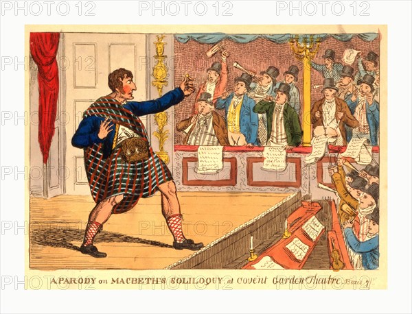 A parody on Macbeth's soliloquy at Covent Garden Theatre, engraving 1809, Kemble as Macbeth, in Highland dress, declaims before the footlights; holding out a coin in his left hand, he staggers back, left leg forward.