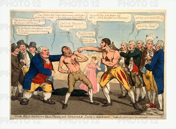 The set-too between Old Price and Spangle Jack the Shewman - fought with unabated vigour for nine rounds & yet undecided, engraving 1809, A pugilistic encounter, over new theater prices, between John Philip Kemble, tall and muscular, and Old Price, a much smaller and weaker opponent.