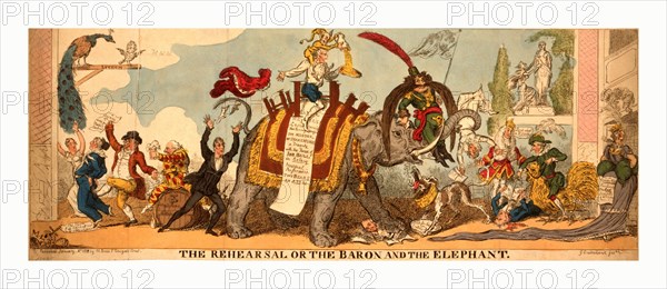 The rehearsal or the baron and the elephant, Cruikshank, George, 1792-1878, engraving 1812, A satire on the Covent Garden pantomime of 1812-13, which caused a sensation by the performance of an elephant. The elephant crushes under a fore-foot a bust of Shakespeare and a number of open books. Baron Geramb, wearing an enormous moustache, bestrides the upper part of the trunk. On the elephant's back, in place of the 'Sultan of Cashmire,' sits John Kemble, who throws behind him his socks and ermine-bordered cloak inscribed King John's Mantle towards an actor, Elliston(?).
