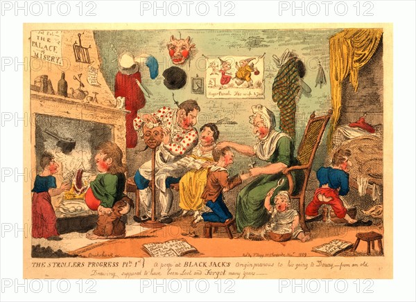 The strollers progress plte 1st. A peep at Black Jack's origin previous to his going to Douay, Cruikshank, invt., engraving 1809, Scene in a poverty-stricken room, in which John Philip Kemble's father, Roger, as a barber, dresses a wig, while he (John) talks to his mother; Sarah, Stephen, Charles, and a younger sister are variously occupied.
