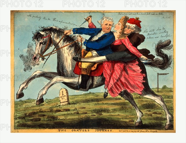 The orators journey, engraving 1785, Charles James Fox, Mrs. Siddons, and Edmund Burke on a galloping horse beside a milestone inscribed 1 mile to perdition. Mrs. Siddons, as Lady Macbeth, holds a dagger in her right hand and a bowl in the left, saying, That which hath made them drunk, hath made me bold. Behind them, right, pointing to the right, is a signpost, To popularity.