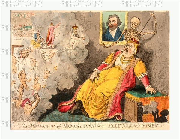 The moment of reflection or a tale for future times, Cruikshank, Isaac, 1764 1811, engraving 1796, Catherine II horrified at the visions that beset her at the moment of death; a cloud entering at left depicts the many victims of her wrath; a skeleton, Death, stands behind her ready to plunge his spear and send her cloven-hoofed spirit into the hands of two grinning demons waiting in the flames of hell; a frightened Charles Fox witnesses the visions from a portrait on the wall behind her.