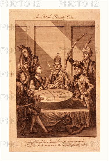 The Polish plumb-cake, Lodge, John, -1796, engraving 1774, Leopold II and Frederick William II with swords drawn, Catherine II holding a cleaver, and Louis XV with a knife seated around a table on which rests a partitioned cake, representing Poland, each monarch getting a separate, but not equal share; in the background on the left stands a weeping king of Poland, on the right, with sword raised is the Sultan.
