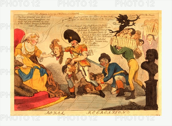 Royal recreation, Cruikshank, Isaac, 1756-1811, engraving 1795, Catherine II seated on a throne receiving the decapitated heads of the people of Poland from the military officer in charge of the Russian forces during the defeat of Poles in 1794, other men bring in baskets overflowing with heads, a bust of Charles Fox, in the lower right corner, observes the scene from over his right shoulder.