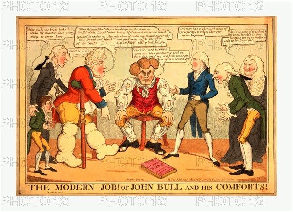The modern Job! or John Bull and his comforts!, engraving 1816, John Bull, in tattered clothes, seated on a stool, gazing gloomily at a book on the ground: The Extraordinary Red Book. He is surrounded by the Regent with two gouty legs supported on crutches, Liverpool, McMahon, Canning, Sidmouth, Ellenborough, the Duke of York, and the Dukes of Kent and Cambridge.