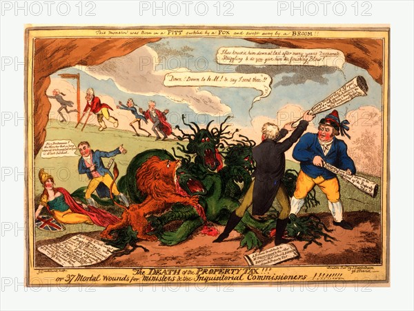 The death of the property tax! Or 37 mortal wounds for ministers & the inquisitoral commissioners!, Cruikshank, George, 1792-1878, engraving 1816, Henry Brougham, John Bull, and the British lion (Leo Britannicus) attacking a hydra representing the property tax. At tail of the monster Mr. Tierney tells Britannia to rise. In the background, Liverpool, the Regent, Castlereagh, and Vansittart hasten up a slope with a sign-post pointing to Economy.