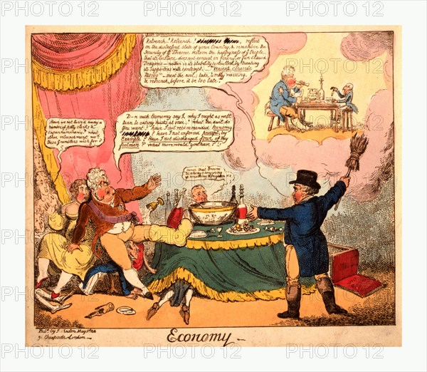 Economy, Cruikshank, George, 1792-1878, artist, London, engraving 1816,  Brougham, in the guise of John Bull, appears to the Regent, holding up a broom which points towards a small scene surrounded by clouds. The Regent, who has been revelling over a large bowl of punch, falls back terrified, overturning his chair. Brougham, arm extended towards the Regent, declaims: Retrench, Retrench, reflect on the distressed state of your country. The Regent falls on to McMahon, a tiny figure on hands and knees, gazing up at Brougham; he supports himself with his right hand on the knee of Lady Hertford. The vision above Brougham's head is of the Regent and McMahon, both ragged, seated facing each other at a plain wooden table on which are a jar of spring water and a lighted candle end stuck in a bottle. The Regent gnaws a bare bone; McMahon (in miniature) takes up a small fish by the tail.