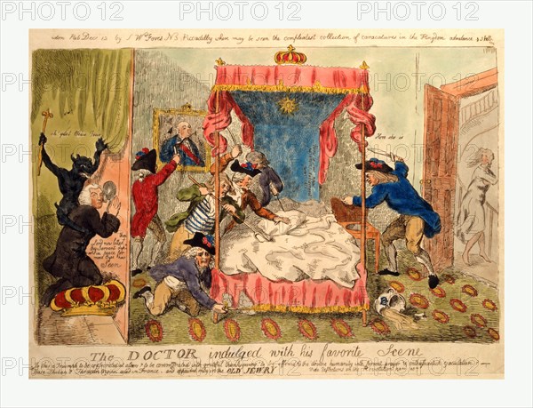 The doctor indulged with his favorite scene, Cruikshank, Isaac, 1756-1811, engraving 1790?, cleric Dr. Richard Price, kneeling on a crown with a demon on his back, peering through a peep-hole into the royal bedroom at Versailles, watching ruffians destroy the Queen's bed and bedroom in search of her; Queen Marie Antoinette is seen fleeing down a staircase.