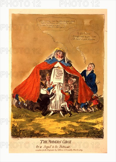 The modern Circe or a sequel to the petticoat, engraving 1809, Mrs. Mary Anne Clarke, wearing the Duke of York's military cloak, extending it to cover a crowd of miniature soldiers, civilians and clergymen clustering around her with outstretched arms; Mr. Waddle (Mr. Wardle), standing to the side, gazes at her and declares his fascination.