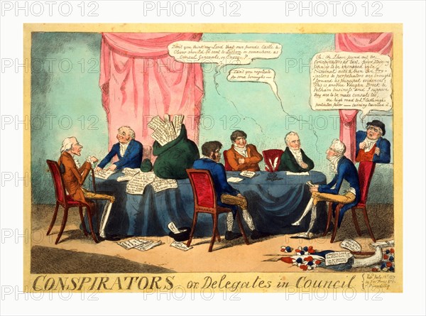 Conspirators; or, delegates in council, Cruikshank, George, 1792-1878, artist, engraving 1817, three government ministers, Viscount Sidmouth, Thomas Reynolds and Viscount Castlereagh, sitting at a table with three agents or spies. On the table rests a large bag from which docketed papers protrude. John Bull looks through the window in horror at the proceedings.