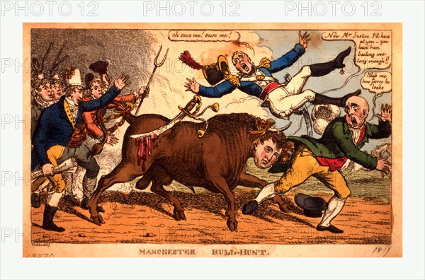 Manchester bull-hunt, engraving 1819 Sept.(?), a bull, with the head of John Bull, tossing a member of the Manchester Yeomanry and attacking a magistrate. Behind the bull is a group of reformers lead by Henry Hunt holding a paper inscribed Coron[er's] Inquest.