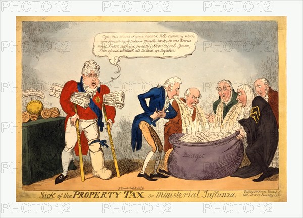 Sick of the property tax or ministerial influnza, Cruikshank, George, 1792-1878, artist, engraving 1816, ministers, among them Vansittart and Castlereagh, vomiting taxes into a large bag labeled budget. The Prince Regent stands nearby, supported on crutches labeled more money and increase in income, holding rolled documents under his arms labeled with descriptions of some of his extravagant expenses.
