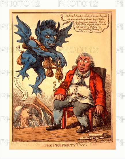 The property tax, Williams, C., artist, engraving 1814, Cartoon shows a prosperous John Bull seated in a chair as a blue demon hovers above him using a magnet to withdraw coins from Bull's waistcoat pocket. The ghost of William Pitt rises from the floorboards saying Johnny shall never forget me.