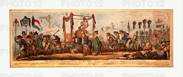 The funeral procession of the rump, Cruikshank, George, 1792-1878, artist, engraving 1819, a satire on the defeat of Hobhouse by Lamb at the Westminster Election. The Rump, or remnant of Reformers, is represented by the hind-quarters of a cart-horse, with its hoofs in the air, carried on a knacker's cart, the front of which is formed by a guillotine. The procession is headed by Mister John Ketch, Esqr, the hangman.