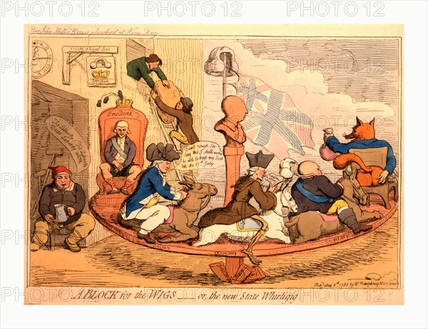 A block for the wigs or, the new state whirligig, Gillray, James, 1756-1815, artist, engraving 1783, a carousel on which sit government ministers Charles Fox, Lord North, Edmund Burke and Admiral Keppel. Beam in the center of the carousel platform is a pillar topped by a bust of King George III, a wig and Union Jack suspended over the bust. In the background two robbers lower a large bundle from the window of a building. An inscription above the cartoon reads Poor John Bull's house plunder'd at noon day.