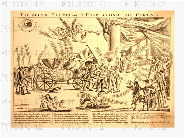 The Scots triumph, or a peep behind the curtain, 1768, the entrance to a large building furnished with columns, from which heavy curtains are suspended. In the distance is the dome of St. Paul's to signify that the scene is in London. A coach, which is about to crush a Scotch thistle in the road, occupies the middle of the foreground, and contains John Wilkes and three of his supporters. In the foreground Britannia lies mourning, saying: I am griev'd at the unhappy fate of my dear country, and my much beloved son Wilkes.