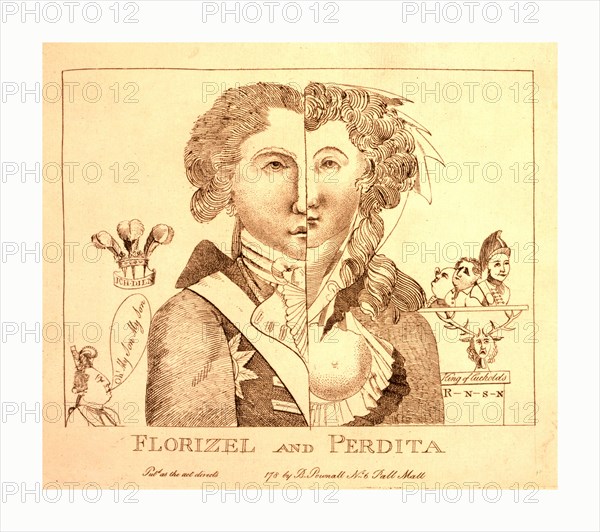 Florizel and Perdita, en sanguine engraving 1780s, a bust portrait divided vertically by a line down the center of the face, left half of face representing the Prince of Wales, and right half representing Mrs. Robinson, or Perdita.