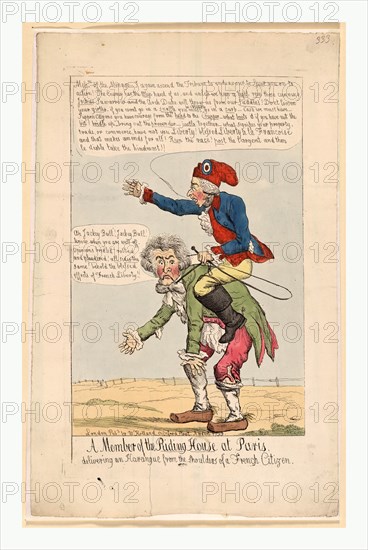 Member of the riding house at Paris, delivering an harangue from the shoulders of a French citizen, Holland, William, active 1782 1817, engraving 1799, a member of the new French aristocracy wearing a Phrygian or Liberty cap with circular emblem, riding on the back of a French citizen; he implores, Messrs. of the menage - I again ascend the Tribune to endeavour to spur you on to action! The enemy has the whip hand of us, and unless we keep a tight rein those cunning jockies Suwarrow and the Arch Duke will throw us from our saddles, In 1799, Russian forces under Field Marshal Aleksandr Vasilevich Suvorov defeated the French in Italy.