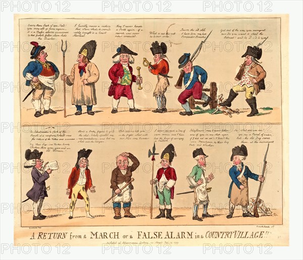 A return from a march or a false alarm in a country village, engraving 1799, a group of British citizens mustered in response to an alarm that the French were attacking England which proved to be false; they complain of soiled, torn, or lost clothing, and one reads a list of the killed and wounded which includes several pigs, fowl, and an old woman.
