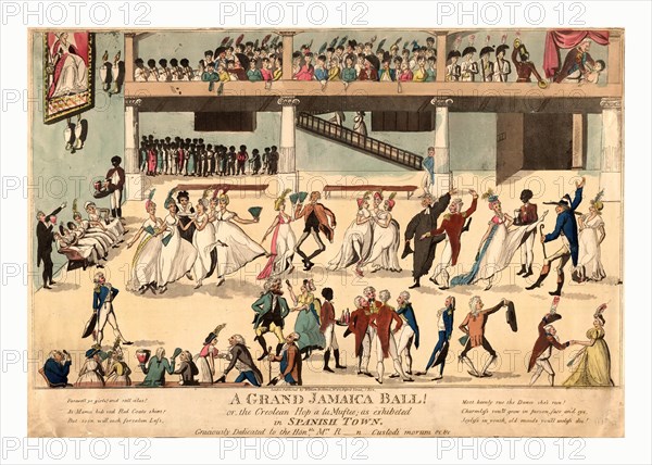 A Grand Jamaica ball or the Creolean hop a la muftee, as exhibeted in Spanish Town, Holland, William, active 1782-1817, engraving 1802, British transplants dancing and being served by Jamaicans at a ball in Spanish Town, Jamaica. Includes six lines of verse warning women against loose living.