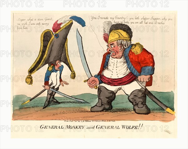 General Monkey and General Wolfe, Holland, William, active 1782-1817, engraving 1803, Napoleon I, wearing a large hat, carrying a long sword, and having a body where his shoulders rest on his waist, cowering before the large ogre-like figure of John Bull.