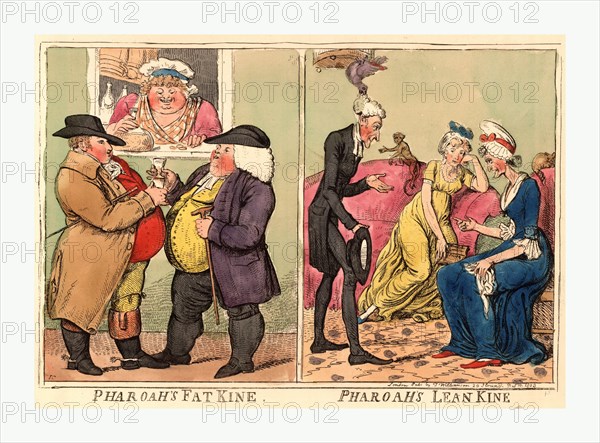 Pharoah's fat kine, pharoah's lean kine, Cruikshank, Isaac, 1756-1811, artist, engraving 1803, on the left, in England, two corpulent, jovial men and an equally rotund woman providing them with drink, possibly sherry, and on the right, in France, two listless, thin, bony women sitting on sofas and an equally emaciated man standing before them, about to lose his wig to a bird on a cage overhead. A contrast between the health of the two nations, in particular, how Napoleon's Egyptian campaign is having an adverse affect on France.